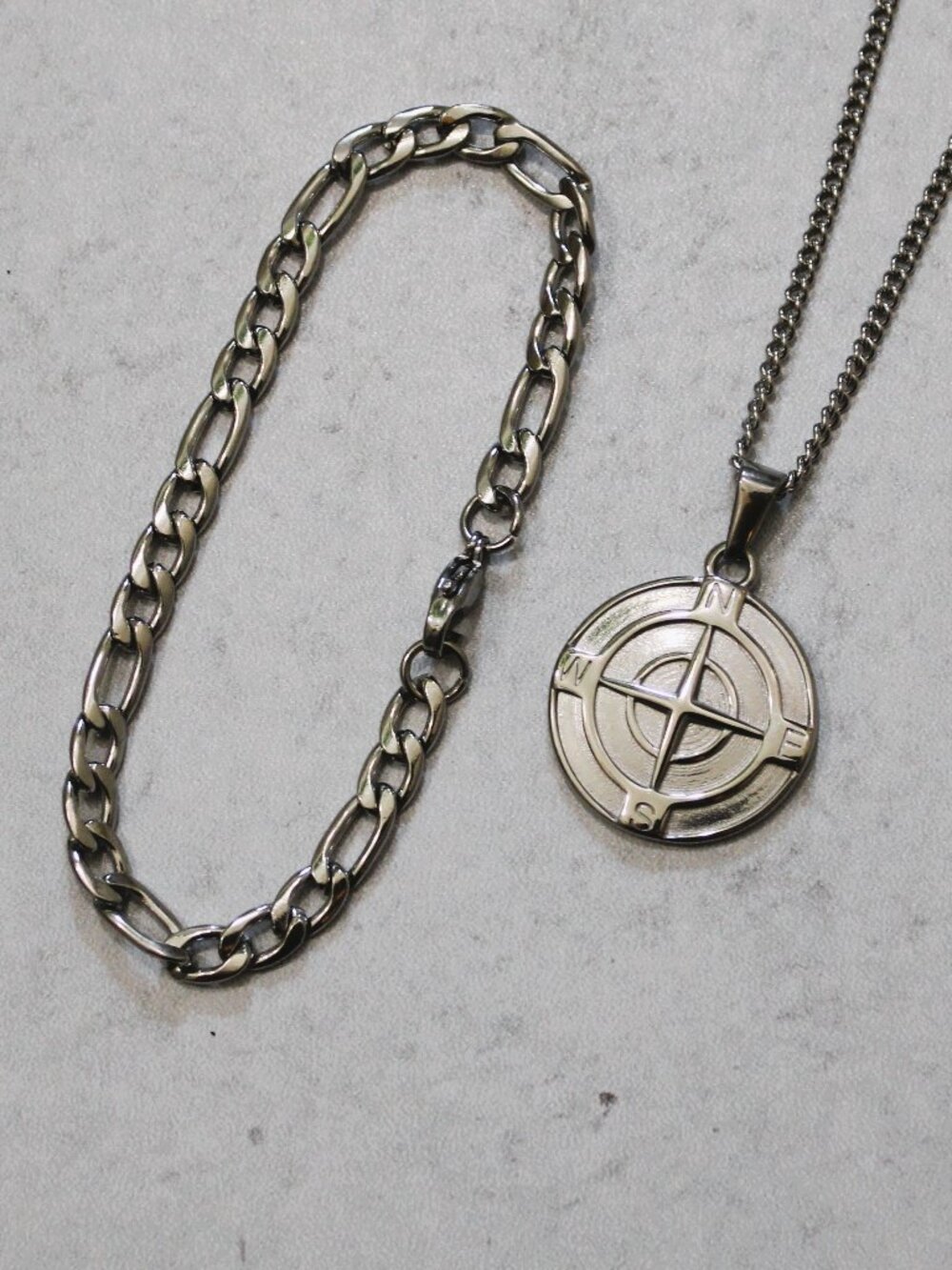 Silver Compass Pendant Necklace + 5mm Figaro Bracelet Set